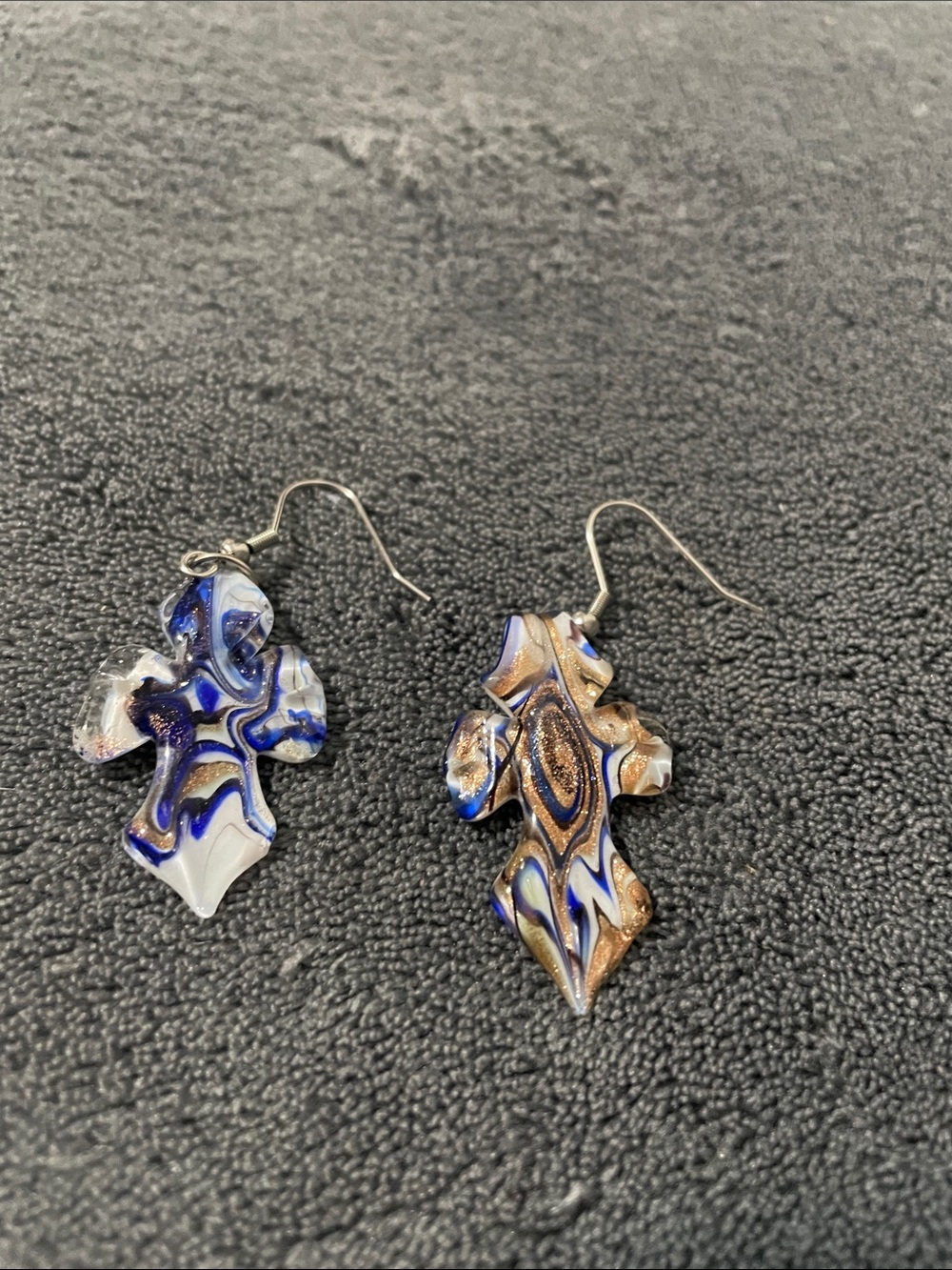 Handcrafted Blue & Gold Cross Glass Earrings NWOT